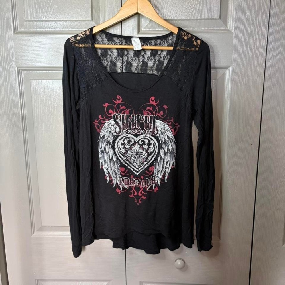 Y2K sinful beaded top  Size L y2k iron cross skulls wings heart lace grunge